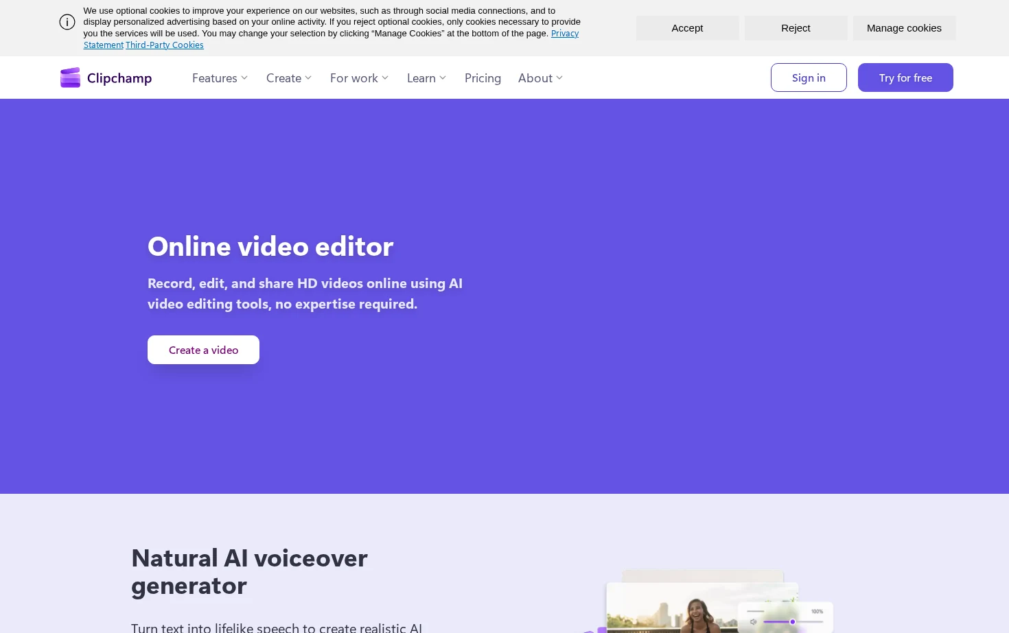 Clipchamp 页面快照
